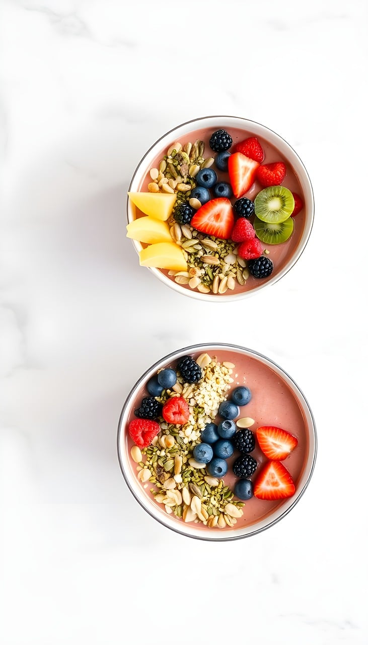 Zwei Schalen mit Obst und Müsli